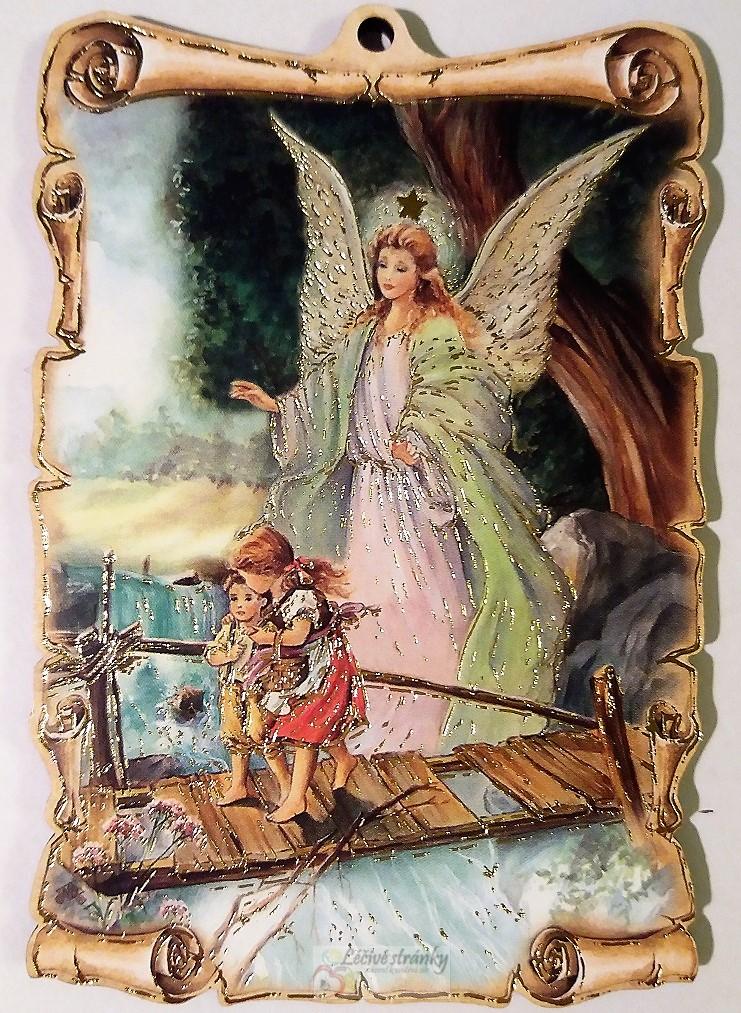 Obrázek na dřevě - Anděl Strážný, 7x9,5cm