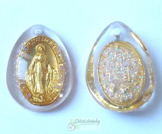 Orgonit. přívěsek, panna Marie, zlatá kapka - 2,9x2,2cm